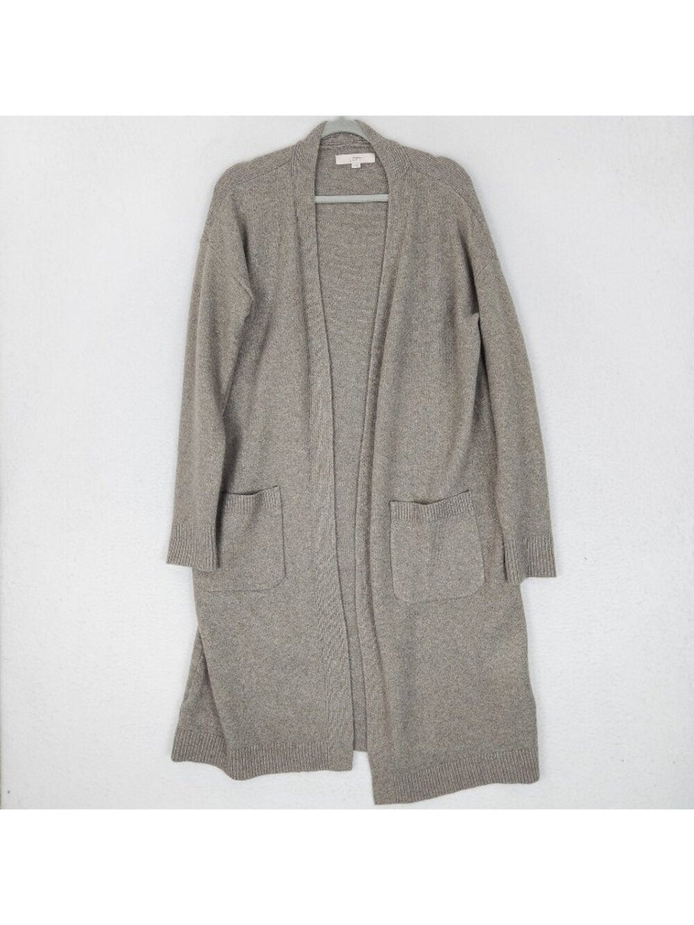 LOFT Sweater Womens Medium Tan Open Front Longline Cardigan Pockets Duster Knit